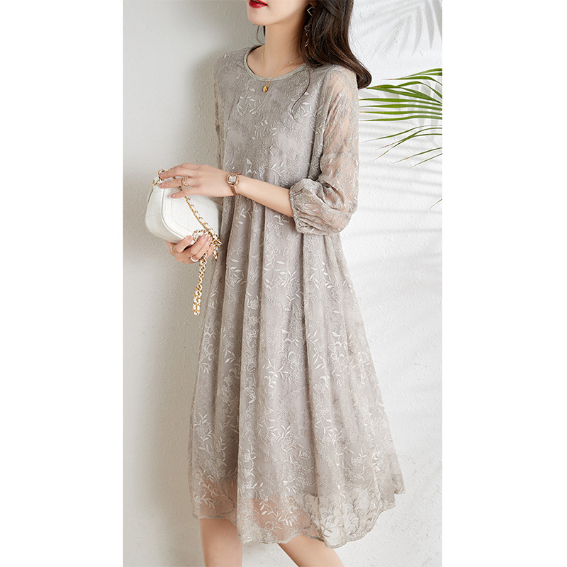 Light Gray Embroidered Long Sleeves Dress