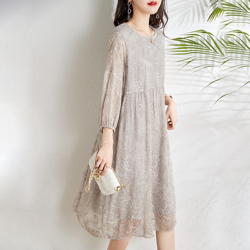 Light Gray Embroidered Long Sleeves Dress