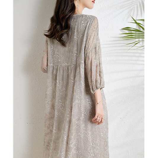 Light Gray Embroidered Long Sleeves Dress