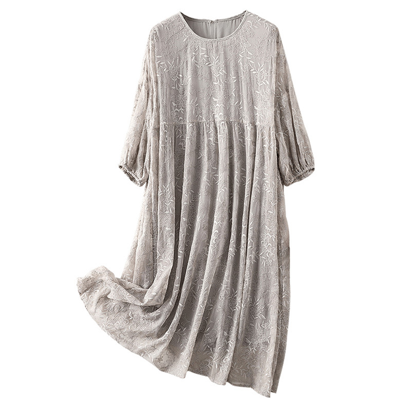 Light Gray Embroidered Long Sleeves Dress