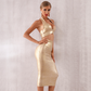 Gold Suspender Waist Two Piece Bandage Party Dress