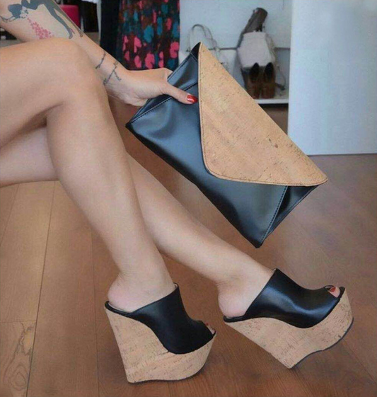 Black Wedge Ankle Strap Open Toe Platform Sandals