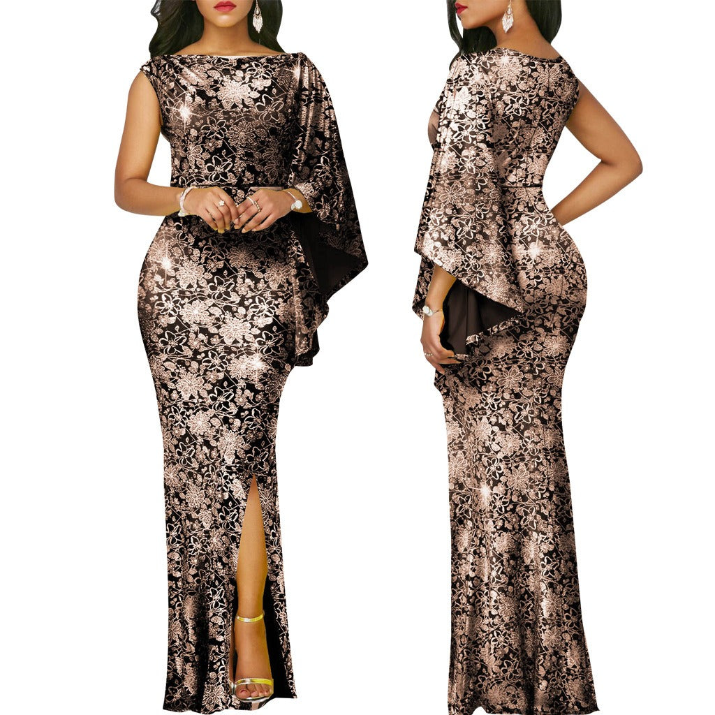 Floral Print Hot Stamping Golden Side Slit Dress