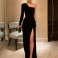 Black A-Line Jersey Ruched One-Shoulder Long Sleeves Floor-Length Dresse