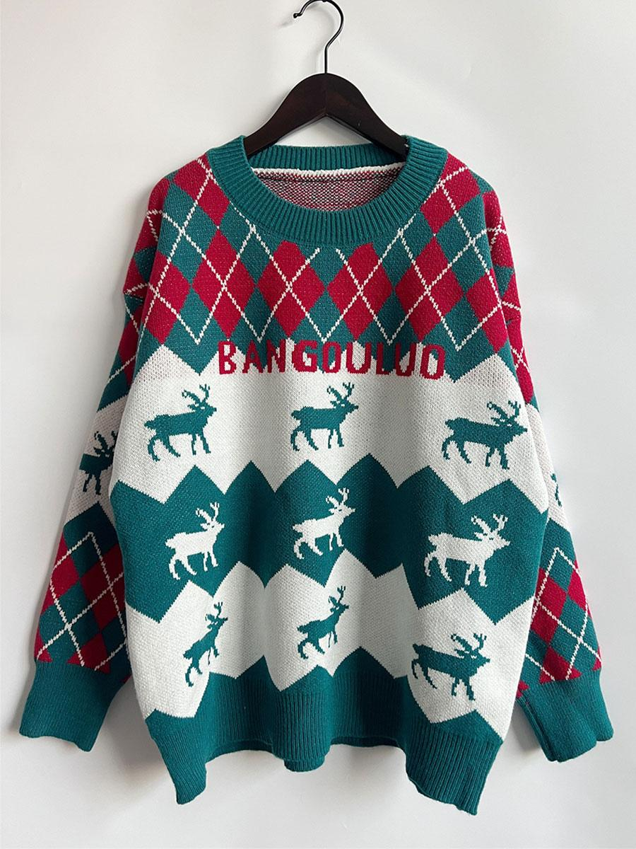 Knitted Elk Printed Pullover Sweater