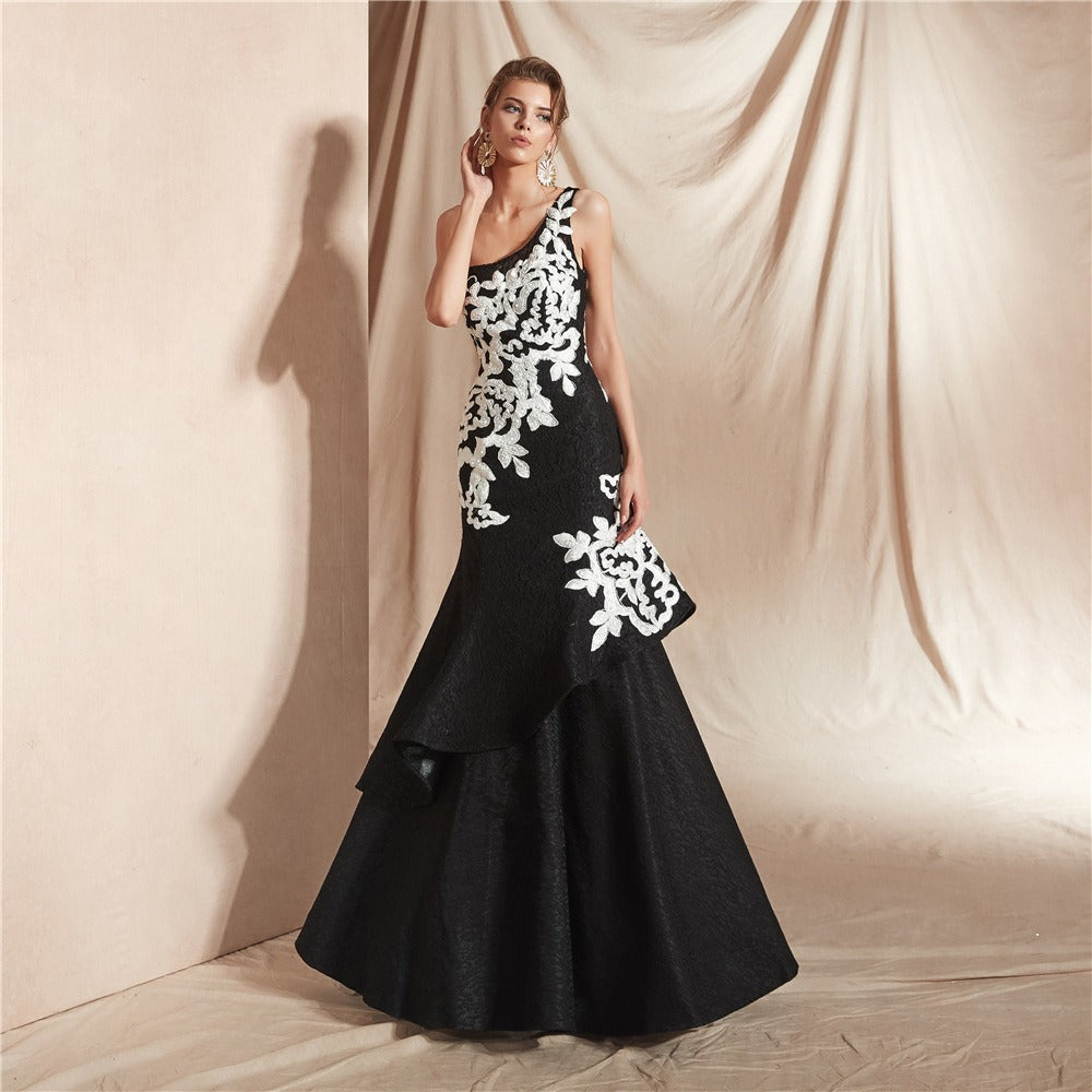 One Shoulder Applique Embroidered Long Evening Dress