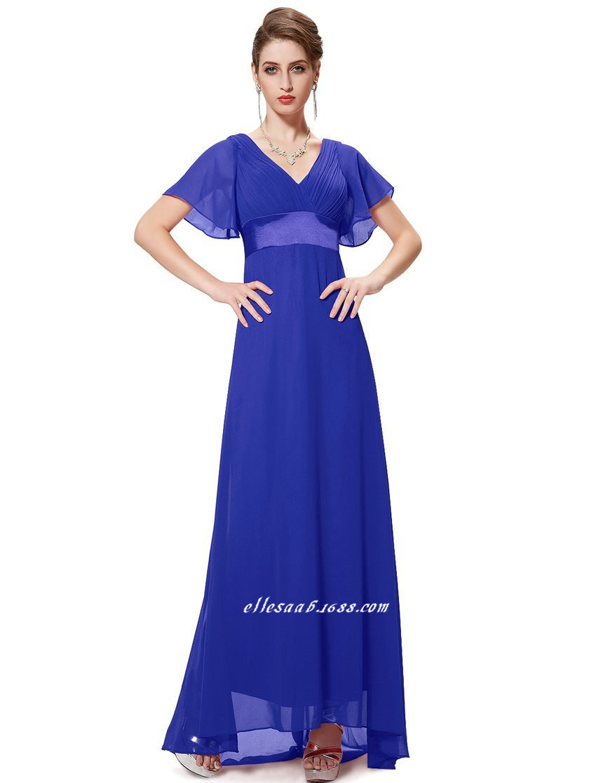 Deep V Neck Short Sleeves Bridesmaid Dress