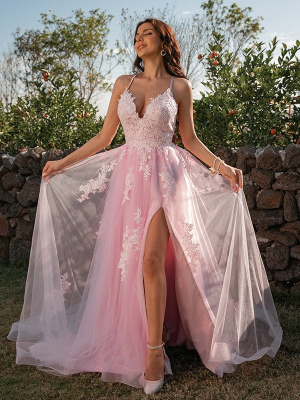 Pink V Neck Sleeveless Long Evening Slit Dress