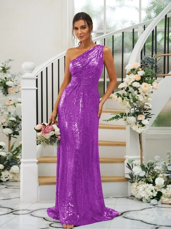 Sequin Oblique Shoulder Sleeveless Maxi Bridesmaid Dress