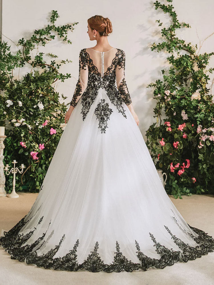 Black Lace Embroidered Long Sleeves Brush Train Wedding Dress