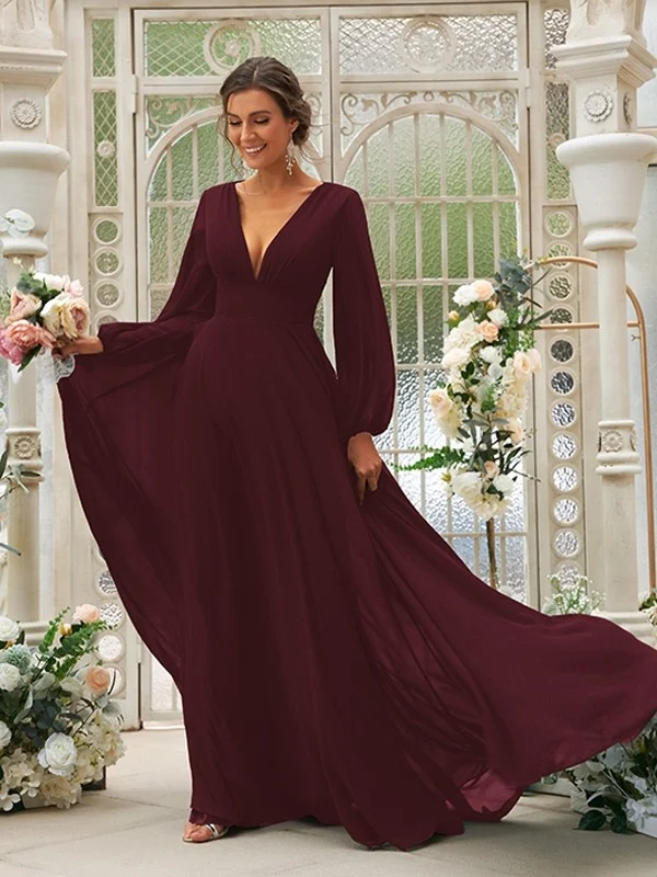 Deep V-Neck Long Sleeves Maxi Bridesmaid Dress