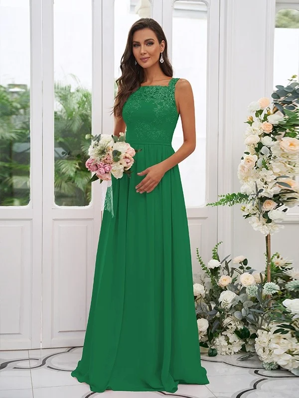 Lace Applique Square Neck Sleeveless Maxi Bridesmaid Dress