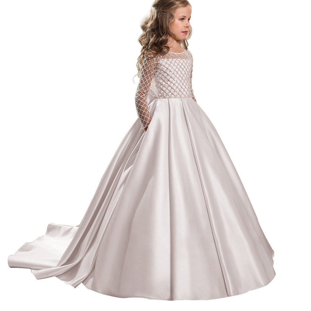 Satin Beaded Long Sleeves Kids Wedding Dress