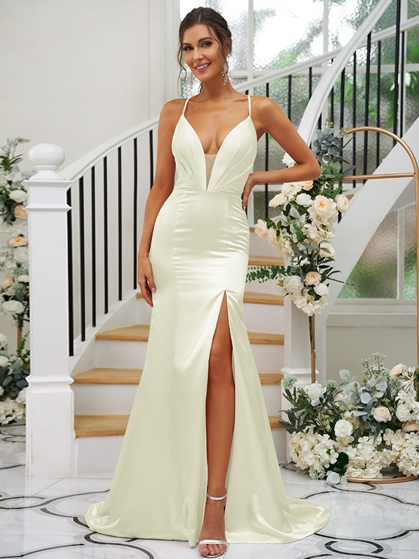 Deep V-Neck Spaghetti Strap Sleeveless Maxi Bridesmaid Dress