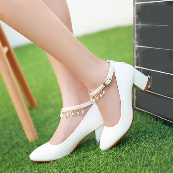 Leatherette Anklet Round Toe Chunky Heels