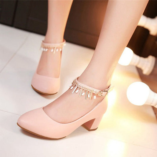 Leatherette Anklet Round Toe Chunky Heels