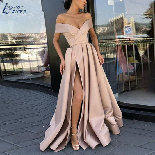 Satin Off-Shoulder Sleeveless Long Evening Slit Dress