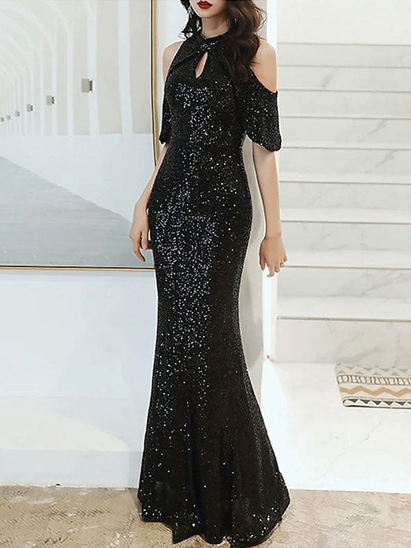 Sequined High Collar Floor-Length Mermaid Prom Dress