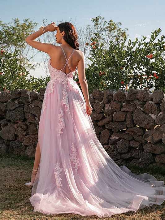 Pink V Neck Sleeveless Long Evening Slit Dress