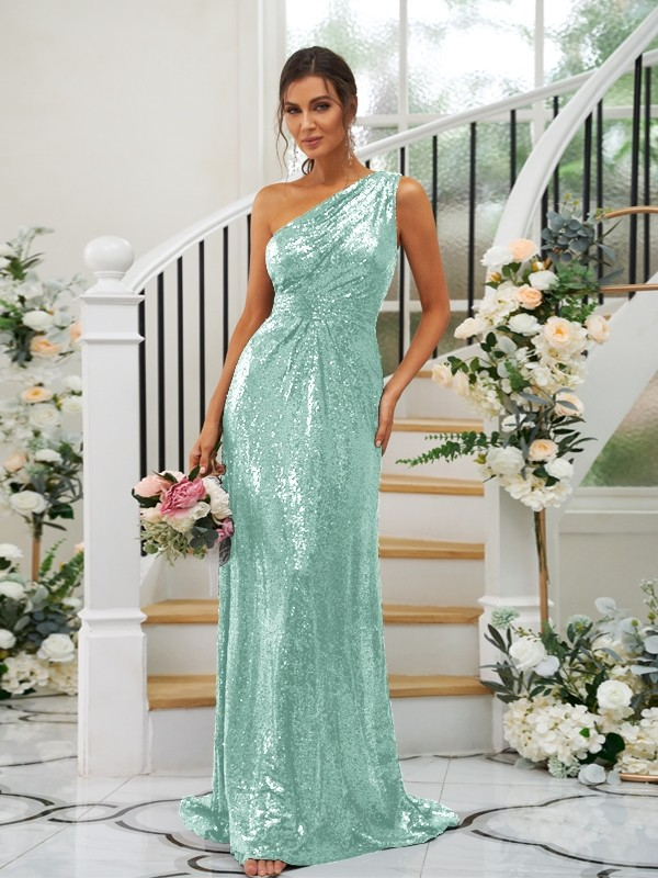 Sequin Oblique Shoulder Sleeveless Maxi Bridesmaid Dress