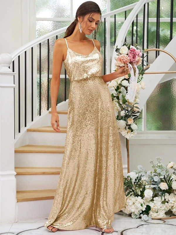 Sequin Spaghetti Strap Sleeveless Maxi Bridesmaid Dress