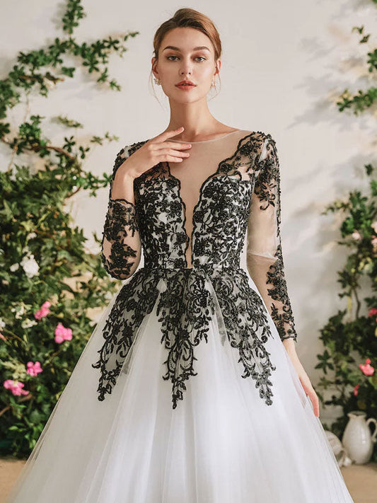 Black Lace Embroidered Long Sleeves Brush Train Wedding Dress