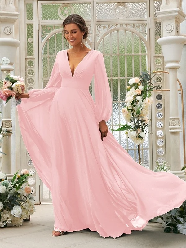 Deep V-Neck Long Sleeves Maxi Bridesmaid Dress