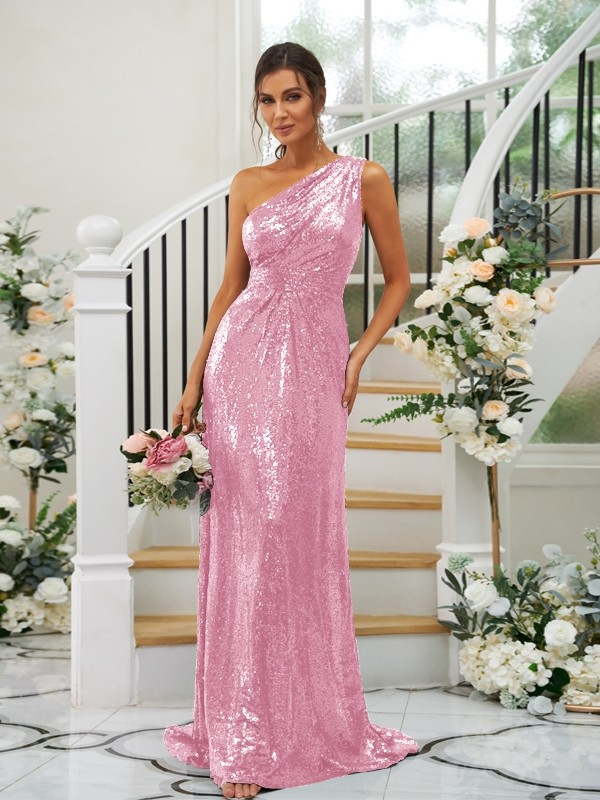 Sequin Oblique Shoulder Sleeveless Maxi Bridesmaid Dress