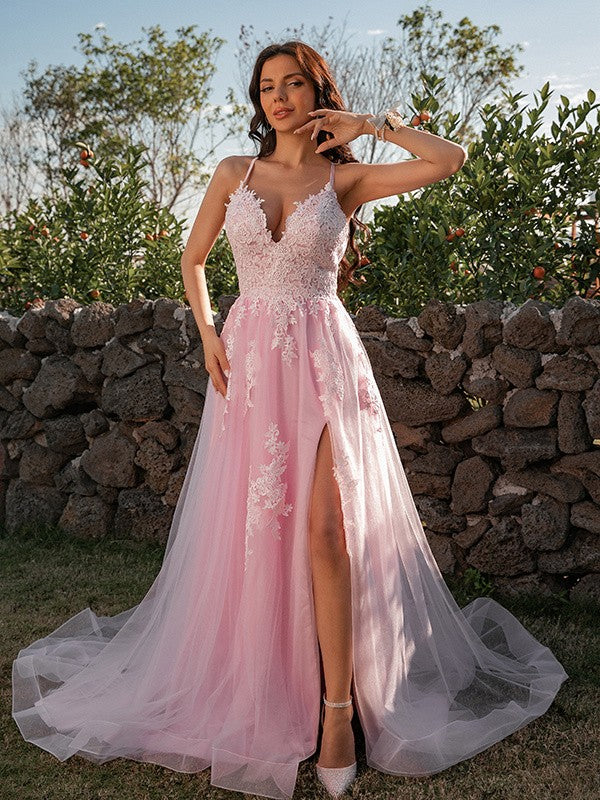 Pink V Neck Sleeveless Long Evening Slit Dress