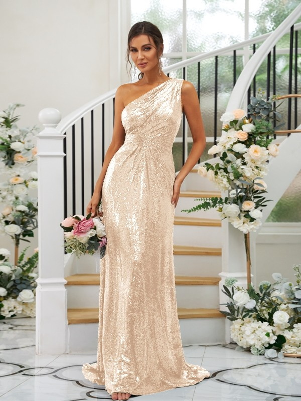 Sequin Oblique Shoulder Sleeveless Maxi Bridesmaid Dress