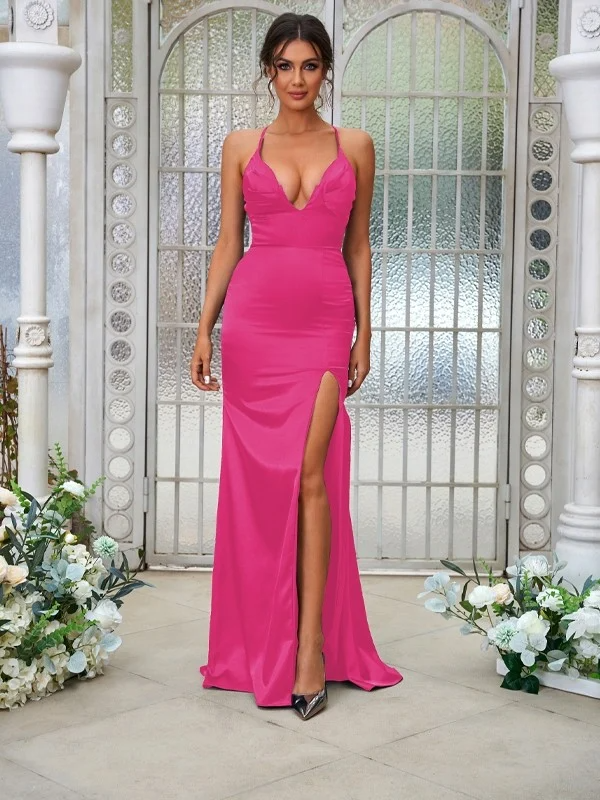 Simple Deep V-Neck Sleeveless Maxi Bridesmaid Slit Dress