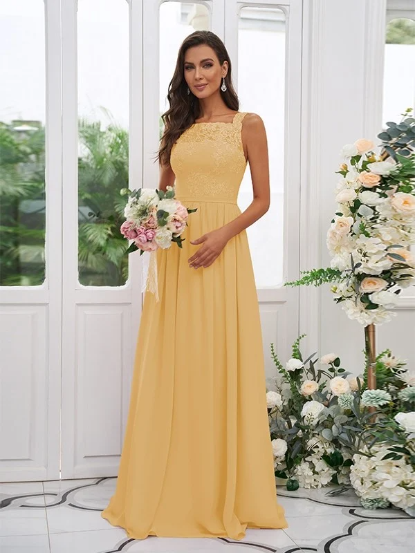 Lace Applique Square Neck Sleeveless Maxi Bridesmaid Dress