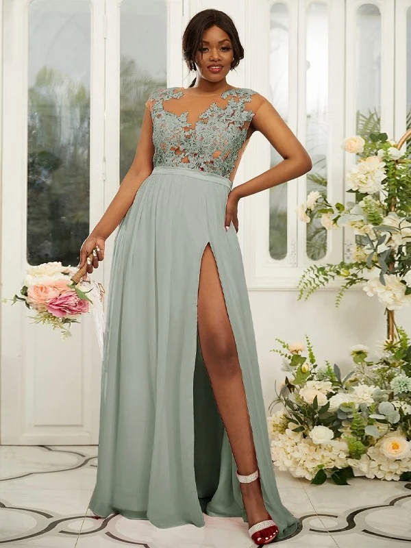 Lace Embroidered Sleeveless Maxi Bridesmaid Slit Dress