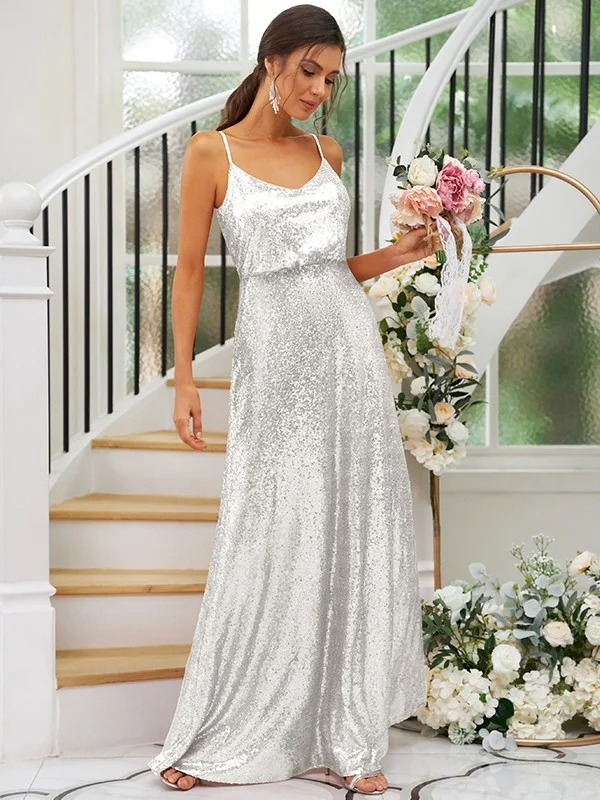 Sequin Spaghetti Strap Sleeveless Maxi Bridesmaid Dress