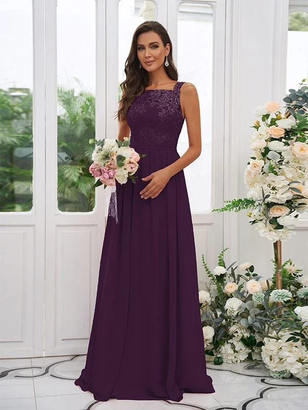 Lace Applique Square Neck Sleeveless Maxi Bridesmaid Dress