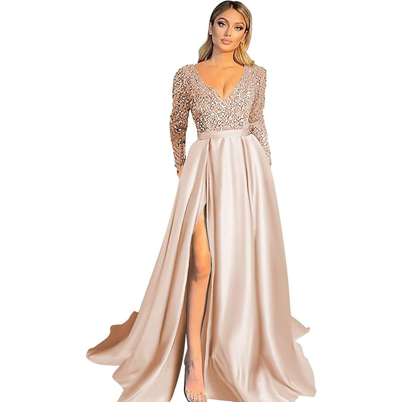 Sequin Deep V Neck Long Sleeves Slit Evening Dress