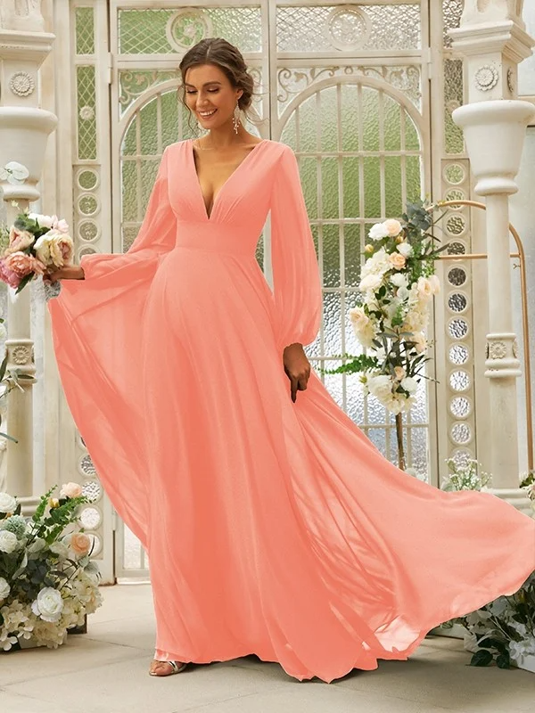 Deep V-Neck Long Sleeves Maxi Bridesmaid Dress