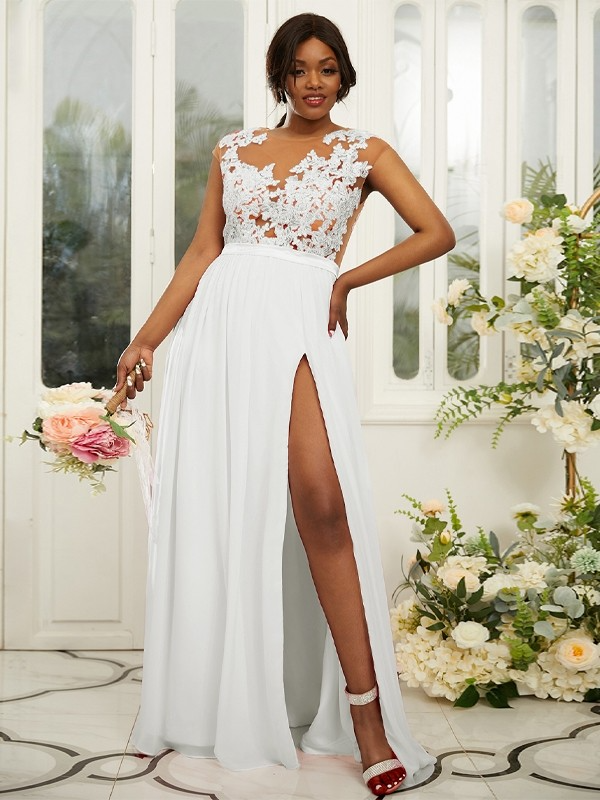 Lace Embroidered Sleeveless Maxi Bridesmaid Slit Dress