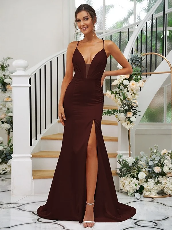 Deep V-Neck Spaghetti Strap Sleeveless Maxi Bridesmaid Dress