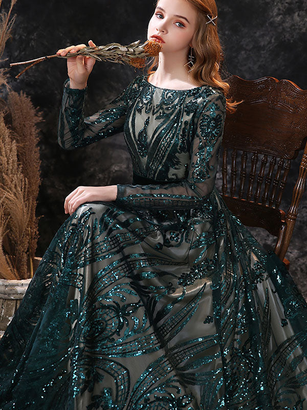 Dark Green Lace Jewel Neck Long Sleeves Zipper Wedding Guest Dress