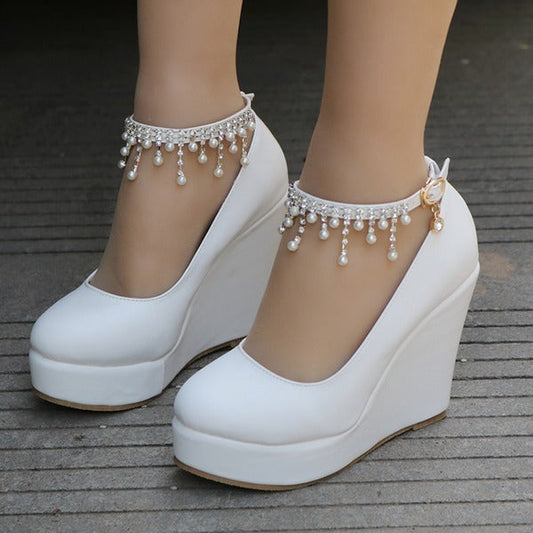 Pearl Rhinestone Chain Leatherette Wedge Shoes