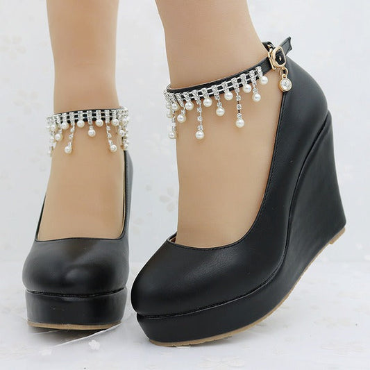 Pearl Rhinestone Chain Leatherette Wedge Shoes