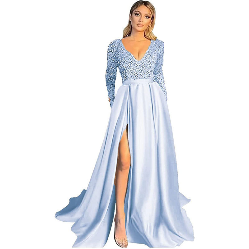 Sequin Deep V Neck Long Sleeves Slit Evening Dress