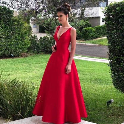 Satin Red V Neck Long Evening Dress