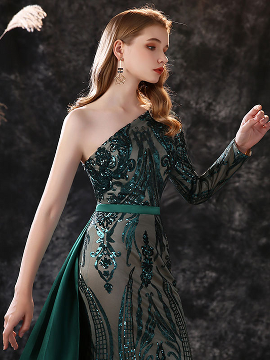 Green One Shoulder Brush Train Evening Dress