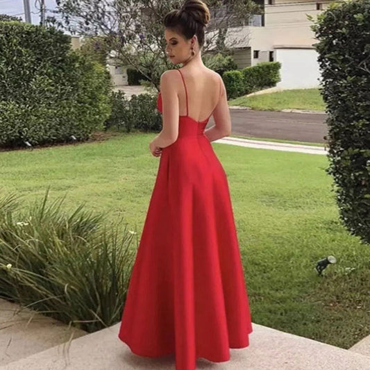 Satin Red V Neck Long Evening Dress