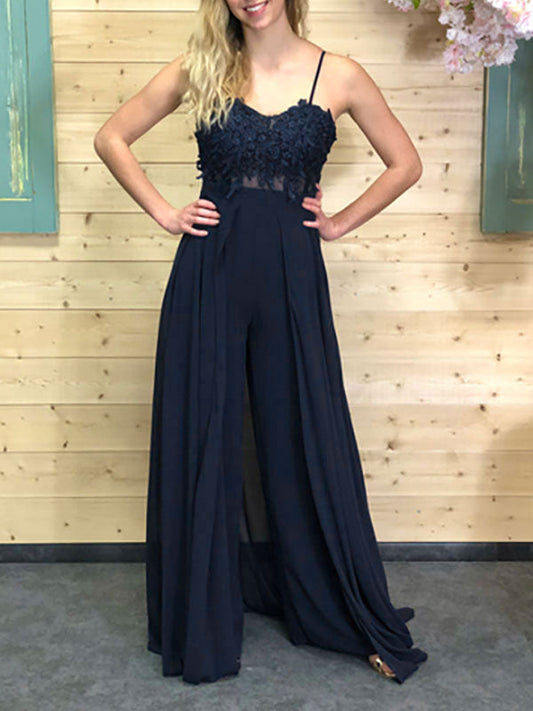 Navy Lace V-Neck Sleeveless Bridesmaid Jumpsuit