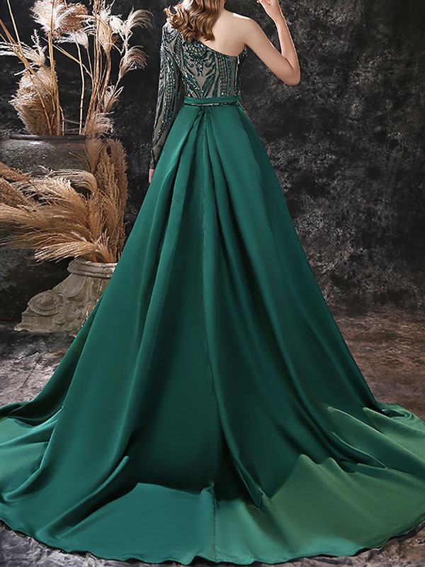 Green One Shoulder Brush Train Evening Dress