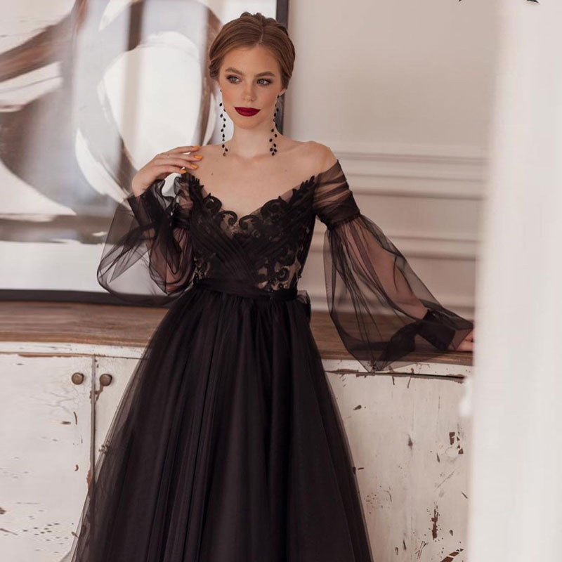 Black Long Bubble Sleeves Evening Dress