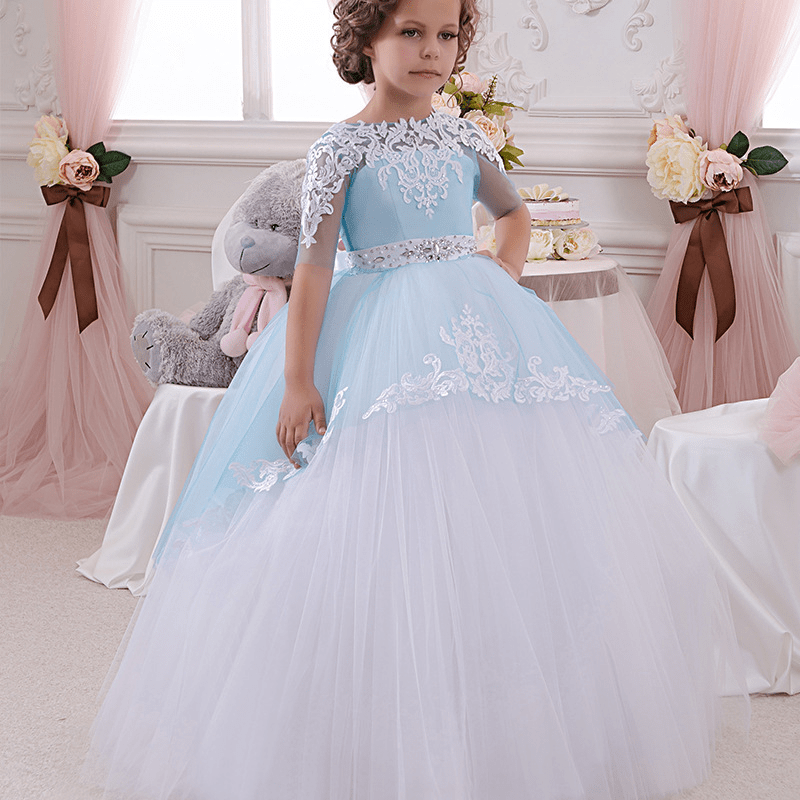 Alice Blue Lace Embroidered Full Sleeves Kids Wedding Dress